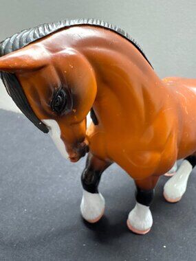 Vintage Brown Plastic Horse Figurine Moveable Tail Black Mane White Socks - 6" L